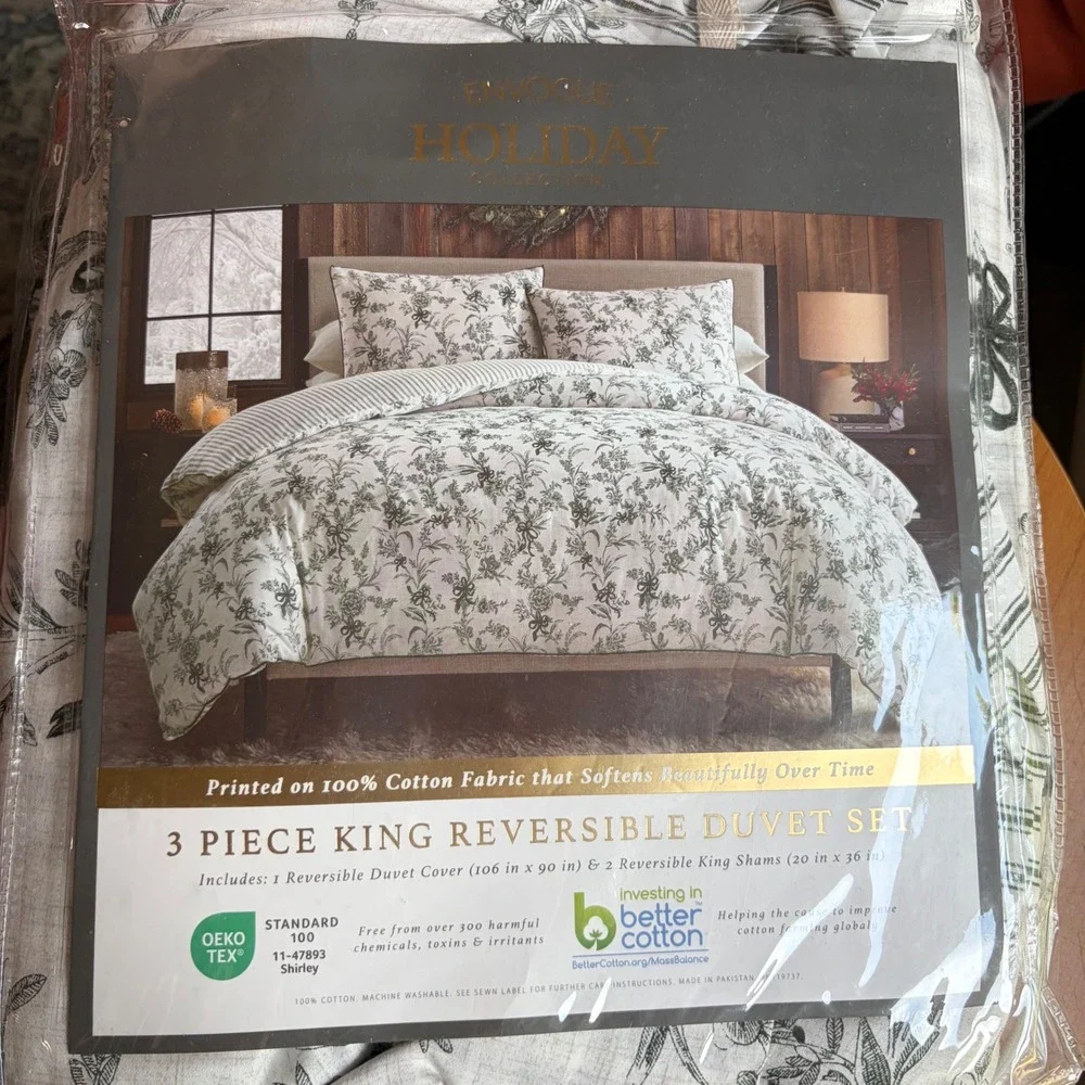 NWT EnVogue Duvet Set Holiday Floral Toile Bows Reversible King Green Cottage